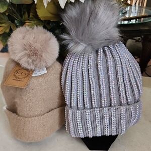 Silver Tan Pom-Pom Beanie Hat Warm Accessory
